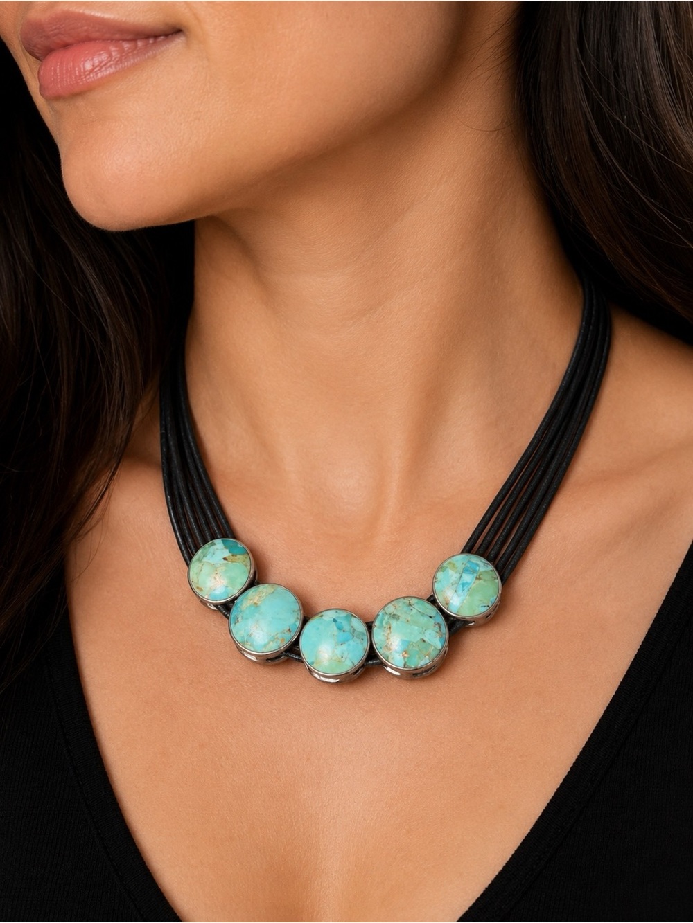 Jay King Turquoise Cabochon Multi-Strand Necklace in Black